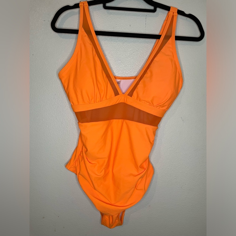 Women’s Neon Orange One Piece Mesh Bathing Suit